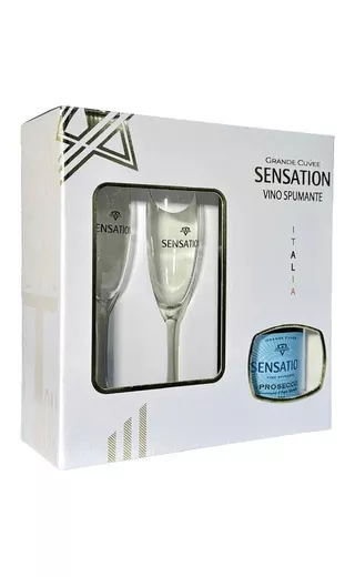 сенсейшен просекко вино игристое брют белое набор с бокалами 0,75 л (sensation prosecco brut in gift box with 2 glasses) фото - магазин Krasnikov Wine